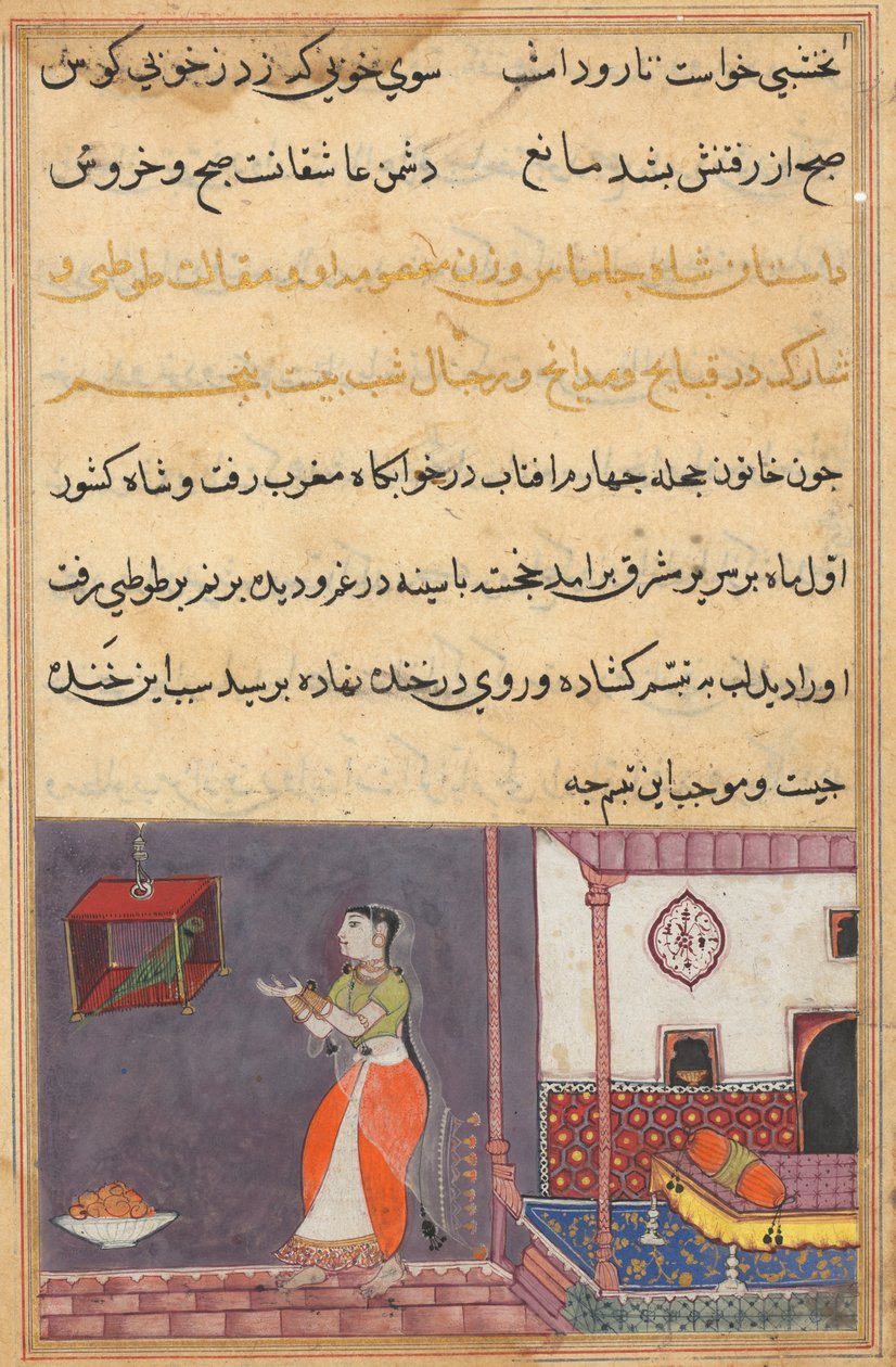Page from Tales of a Parrot Tuti-nama: Twenty-fifth Night: The Parrot Addresses Khujasta by Unbekannt