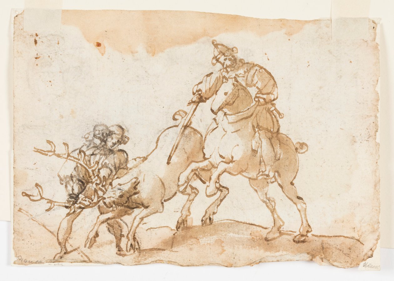 Page of a Drawing Book; A Horseman Killing a Stag and Two Galleys on High Seas by Unbekannt