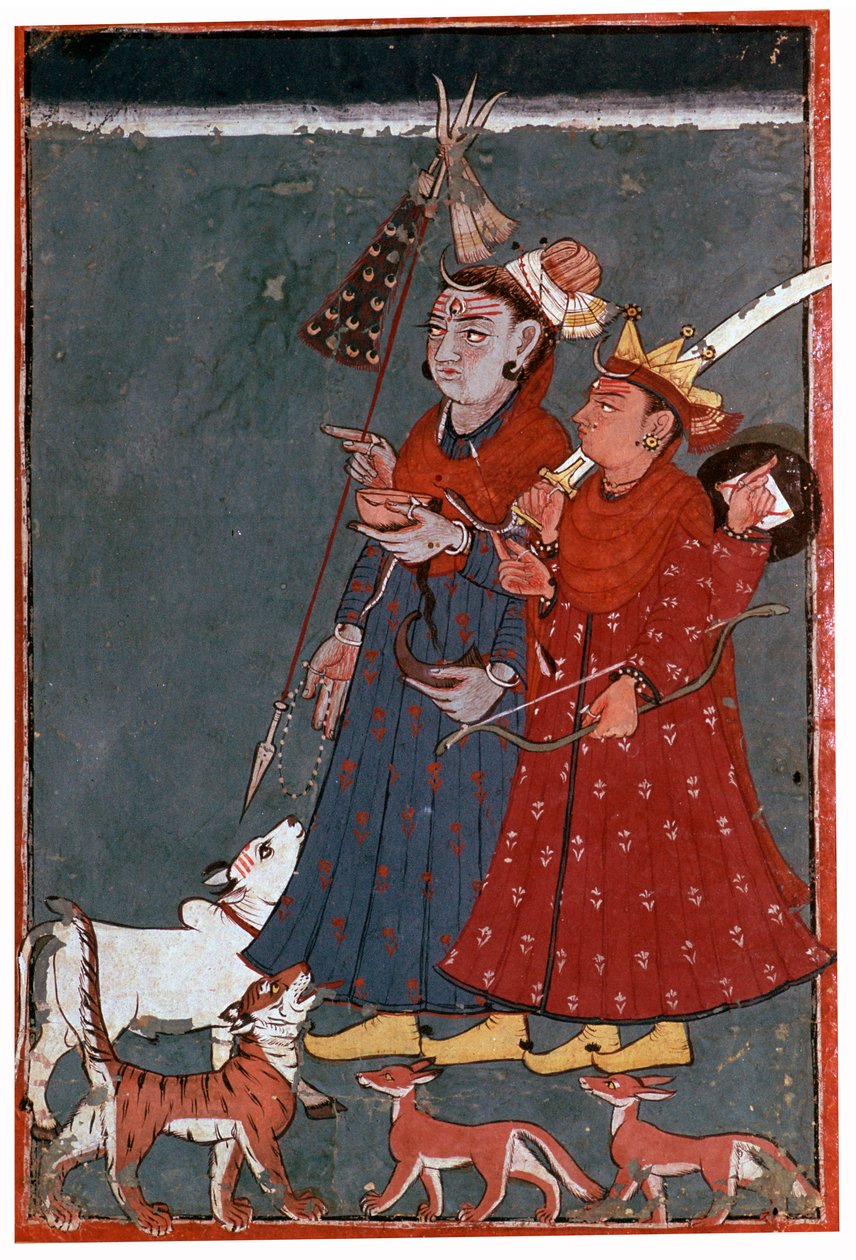 Painting of the Gods Siva and Krishna Accompanied by a Bull, Tiger, and Jackals by Unbekannt
