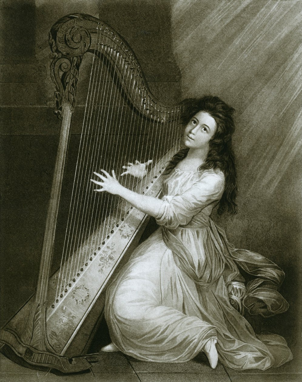 Pedal harp with hook action, coloured engraving from the end of the eighteenth century by Unbekannt