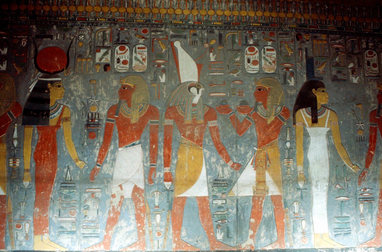Pharaoh Horemheb with the goddess Isis and the god Horus, Ancient Egyptian by Unbekannt