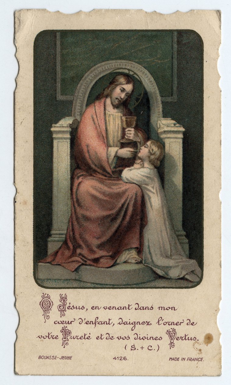 Pious image: Jesus gives the host to a young child - Image given for a first communion in 1931 by Unbekannt