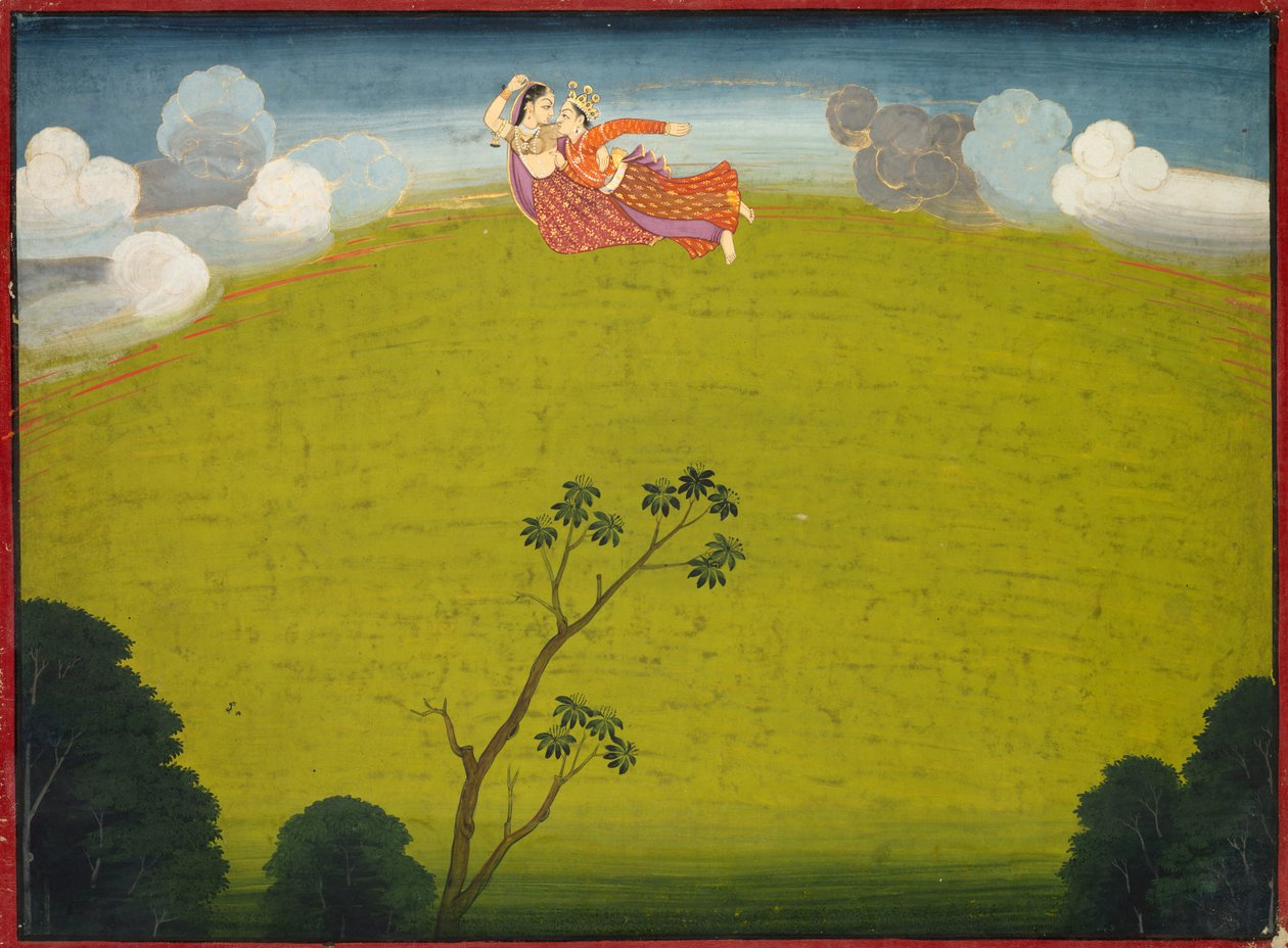 Pradyumna and Mayavati Fly to Dvaraka, from the Large Basohli Bhagavata Purana, c. 1760-1765 by Unbekannt
