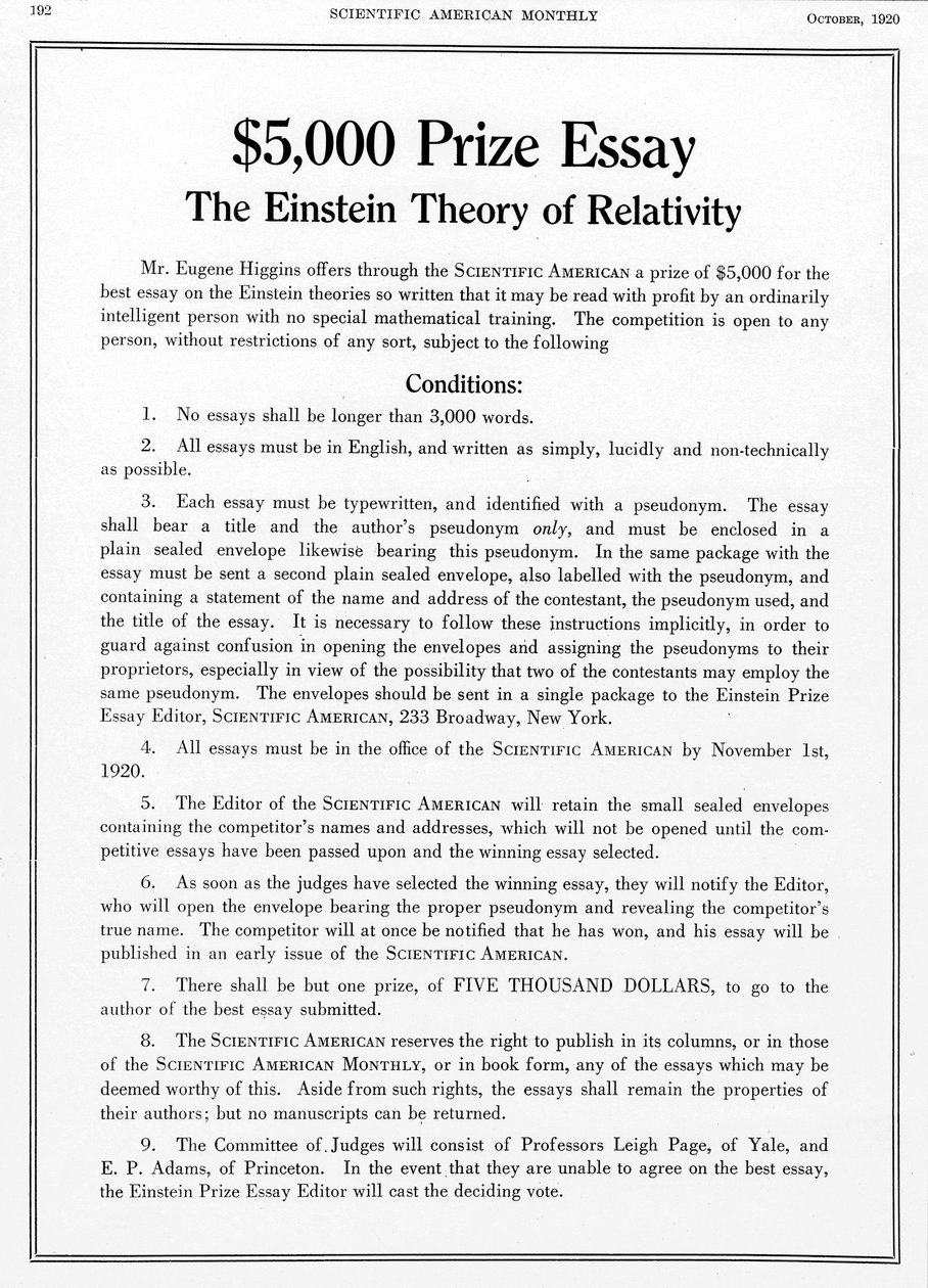 Prize Offered in Scientific American for an Essay on Einstein