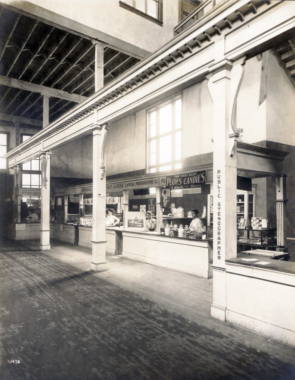 Public convenience stand, with postcard, candy and public stenographer booths in the Palace of Manufactures at the 1904 World