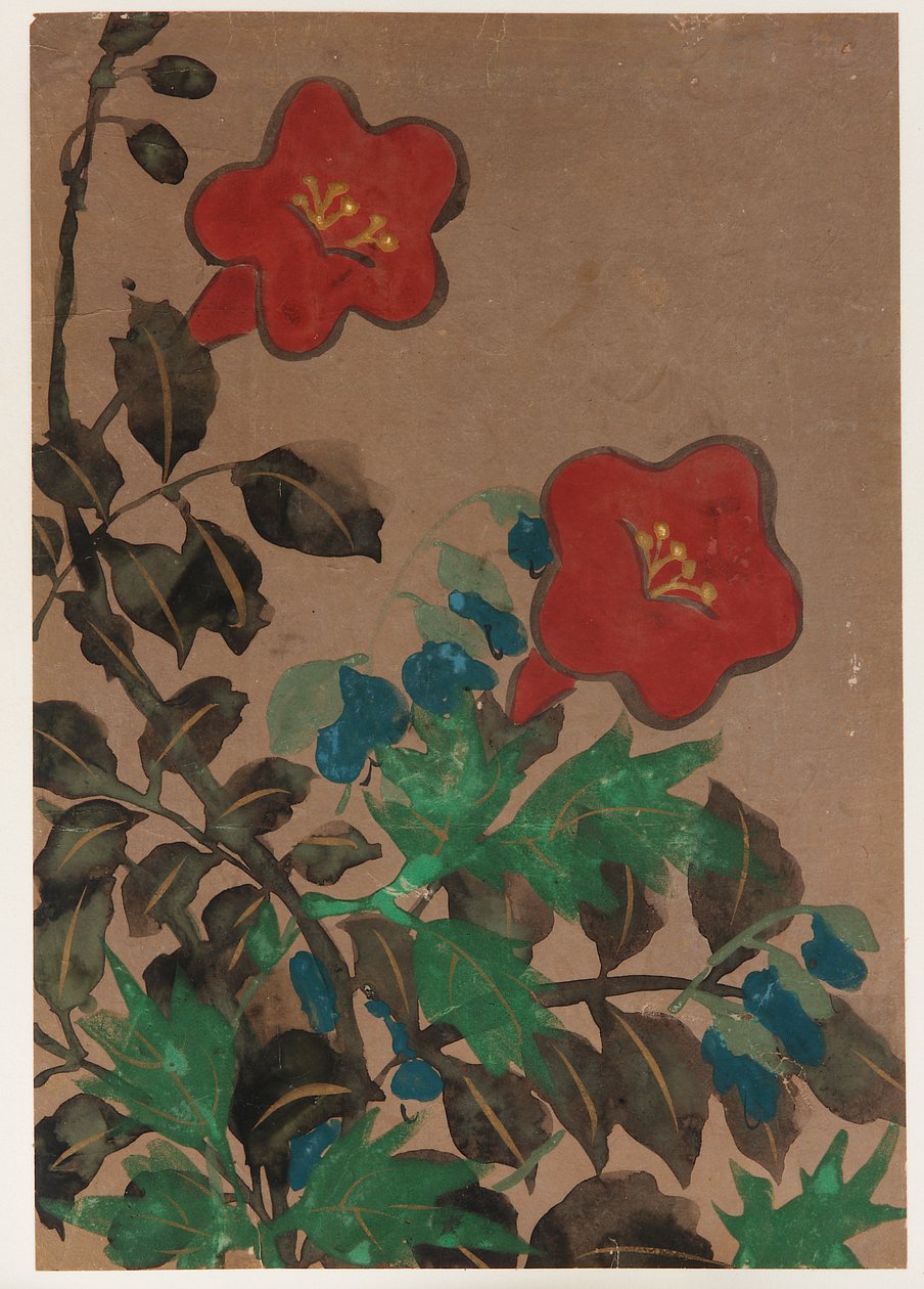 Red and blue flowers and foliage by Unbekannt