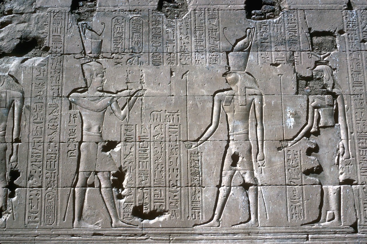 Relief of the Pharaoh before Horus, Temple of Horus, Edfu, Egypt, Ptolemaic Period by Unbekannt