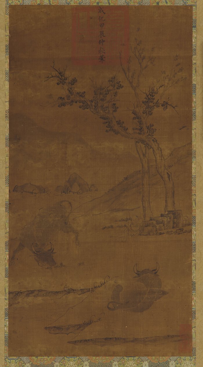 River Landscape: Two Water Buffaloes and a Napping Herd-boy by Unbekannt