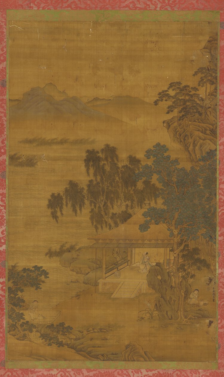 River Landscape: A Man in a Pavilion Under Large Trees by Unbekannt