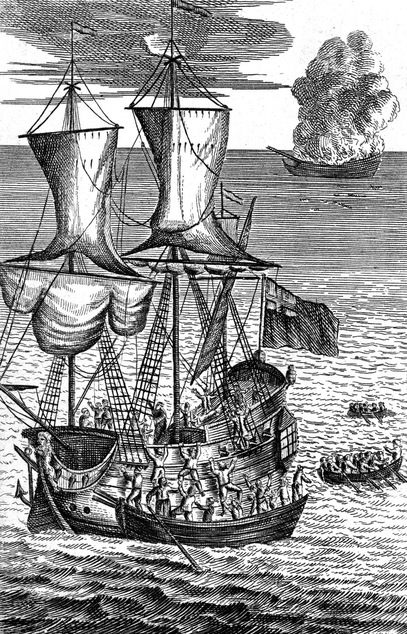 Robinson Crusoe Saves the Crew of a Ship on Fire at Sea, c1719 by Unbekannt