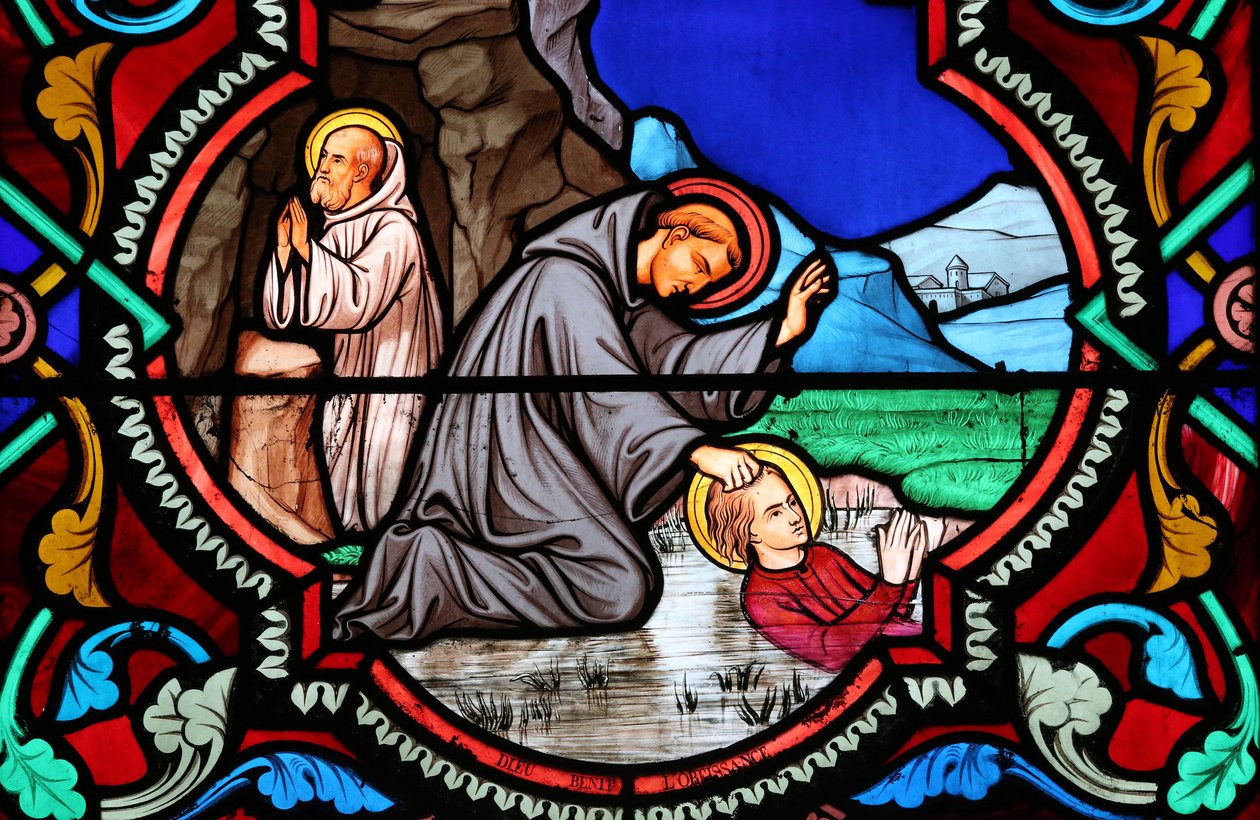 Sacred Heart Church, Stained Glass Window: Benedict of Nursia, Patron Saint of Europe and Students, Moulins, France by Unbekannt
