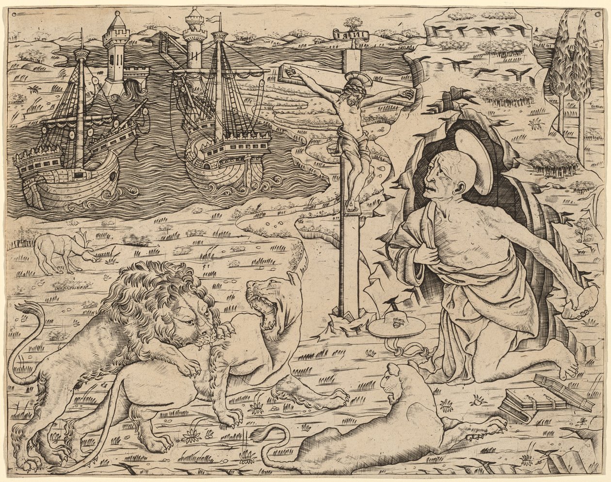 Saint Jerome in Penitence, with Two Ships in a Harbor by Unbekannt