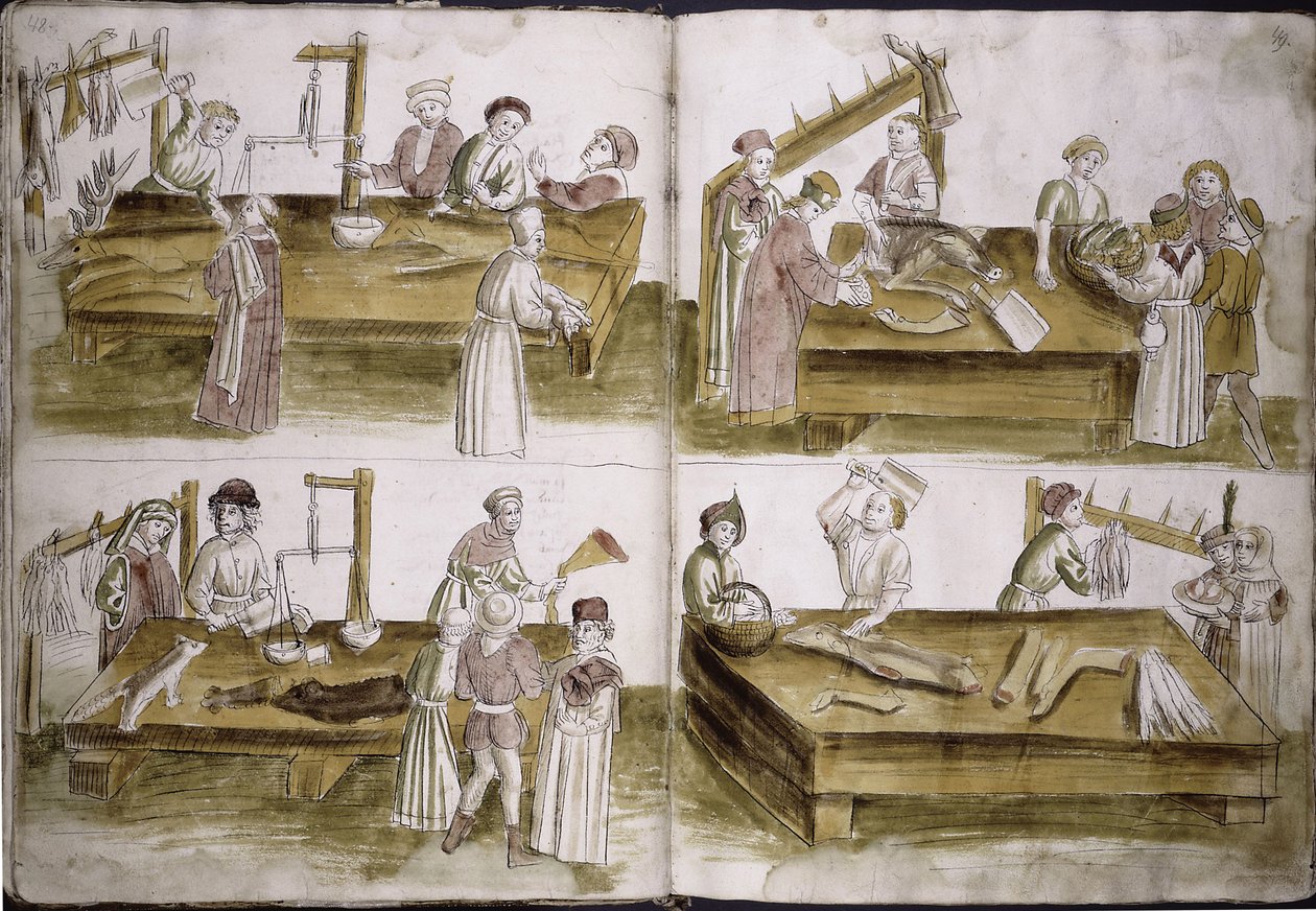 Scene from market life with butchers from: Ulrich Richental Chronicle of the Council of Constance, 1414-1418 by Unbekannt