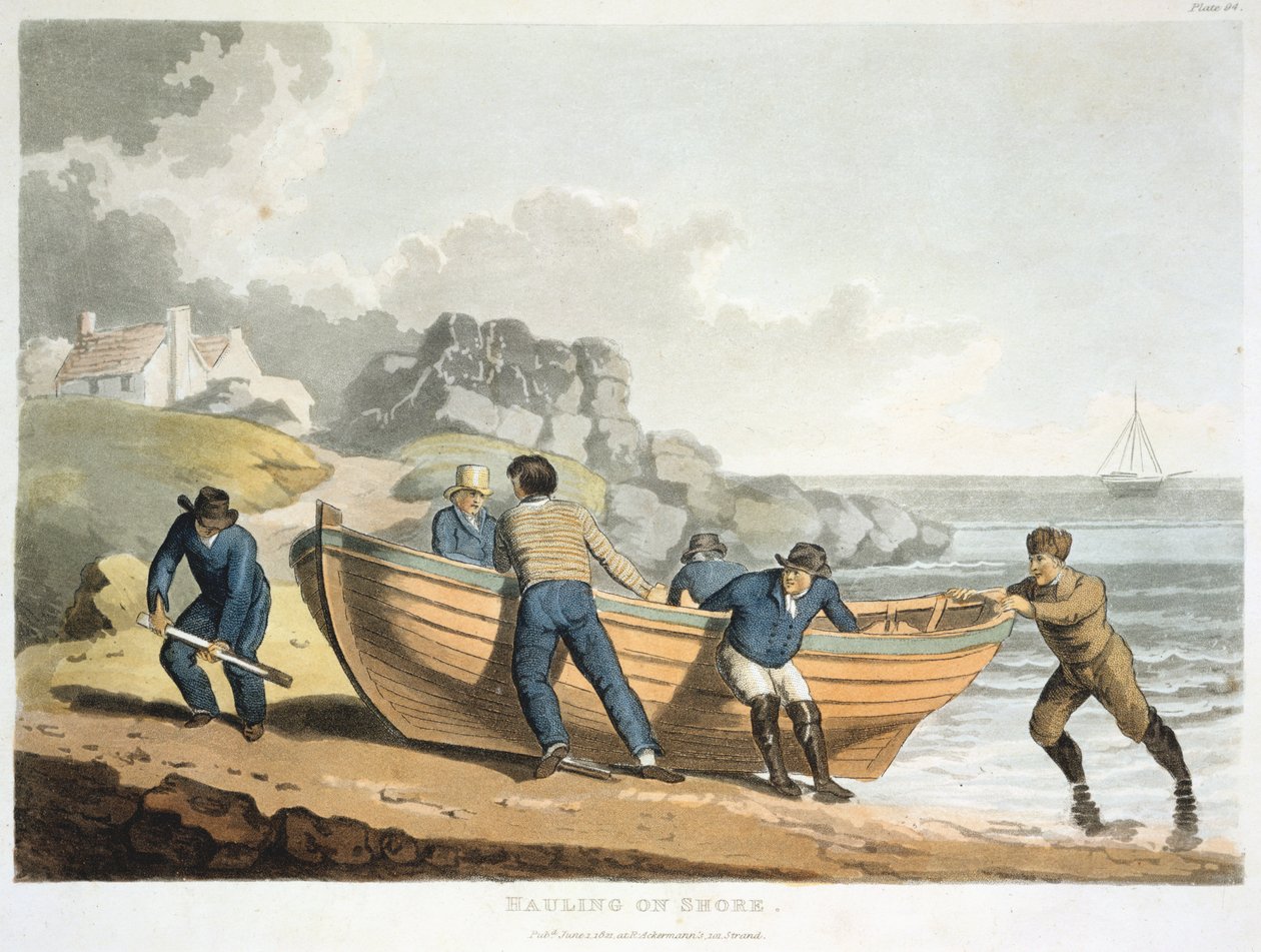 Seamen hauling a clinker-built dinghy up onto the shore by Unbekannt