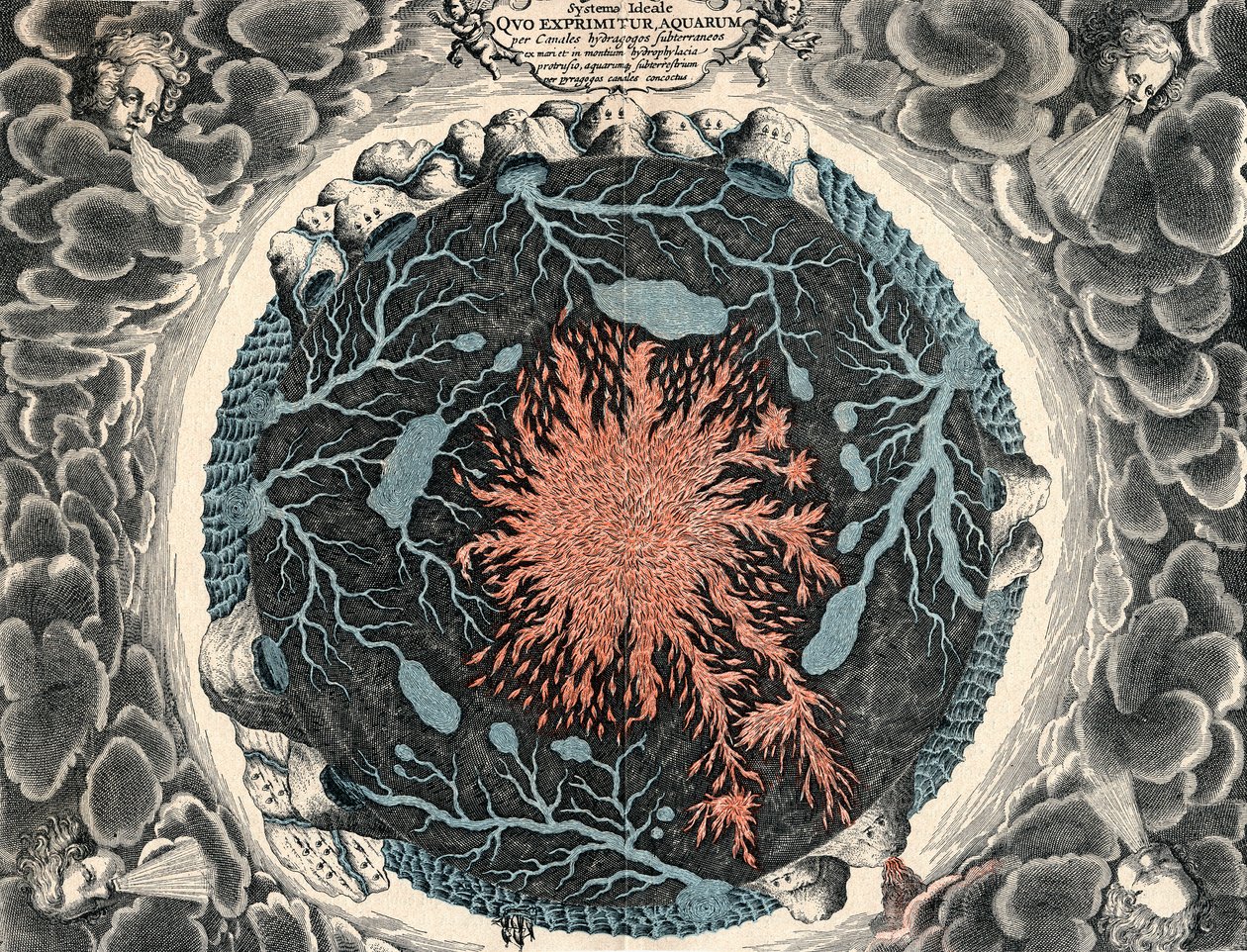 Sectional view of the Earth, showing central fire and underground canals linked to oceans, 1665 by Unbekannt