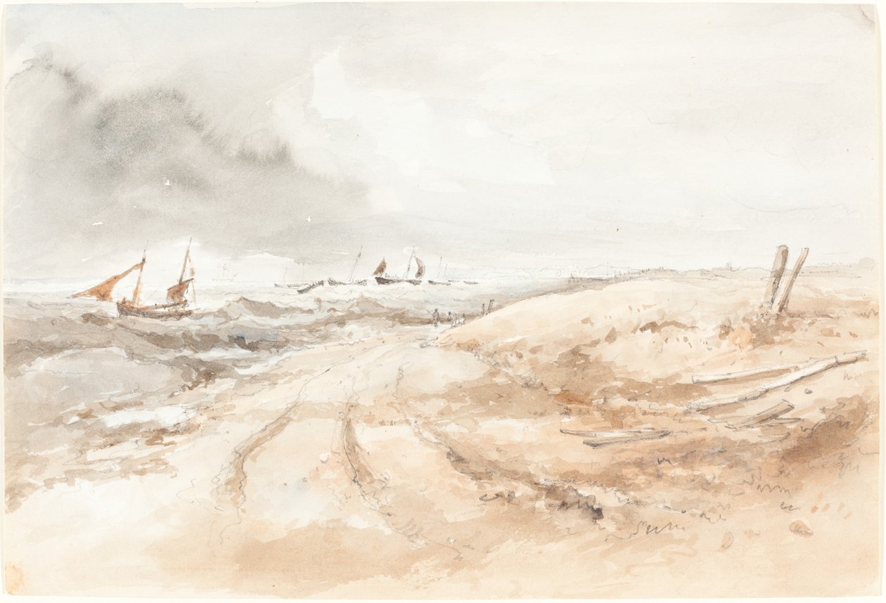 Shore Scene with Boats in Choppy Water by Unbekannt