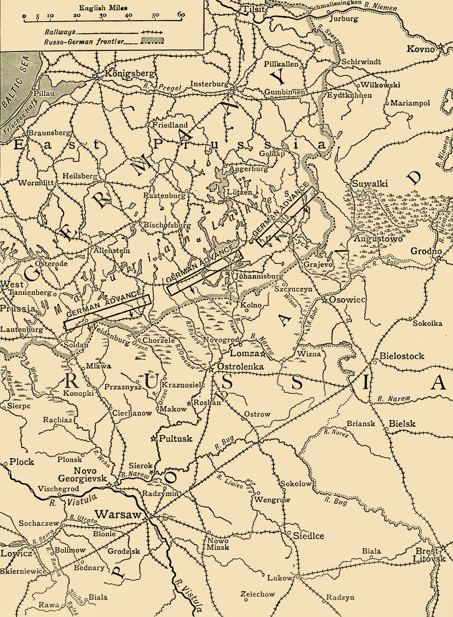 Sketch Map to Illustrate the German Attack North of Warsaw in February, 1915 by Unbekannt