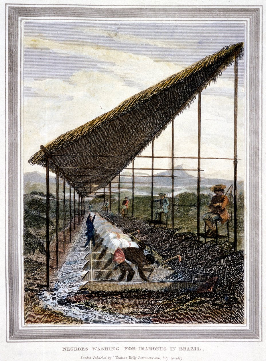 Slaves washing for diamonds watched over by supervisors with whips, Brazil, 1815 by Unbekannt