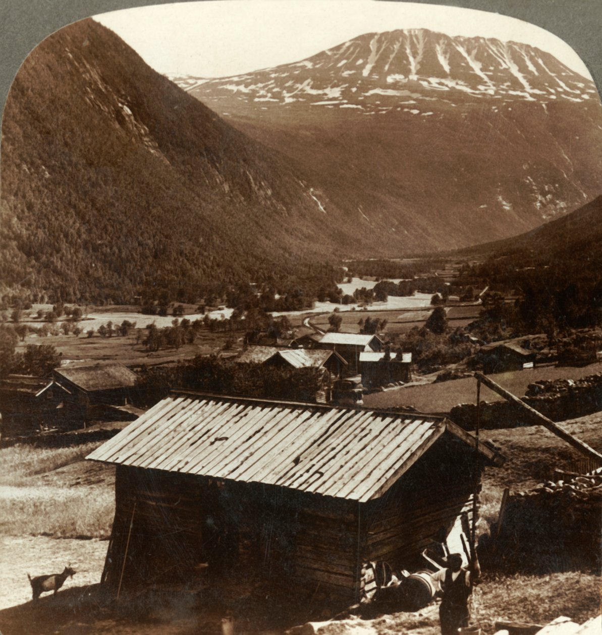 Snowy Heights of Mt. Gausta Above Quiet Homes in Maan Valley, Norway, c1905 by Unbekannt