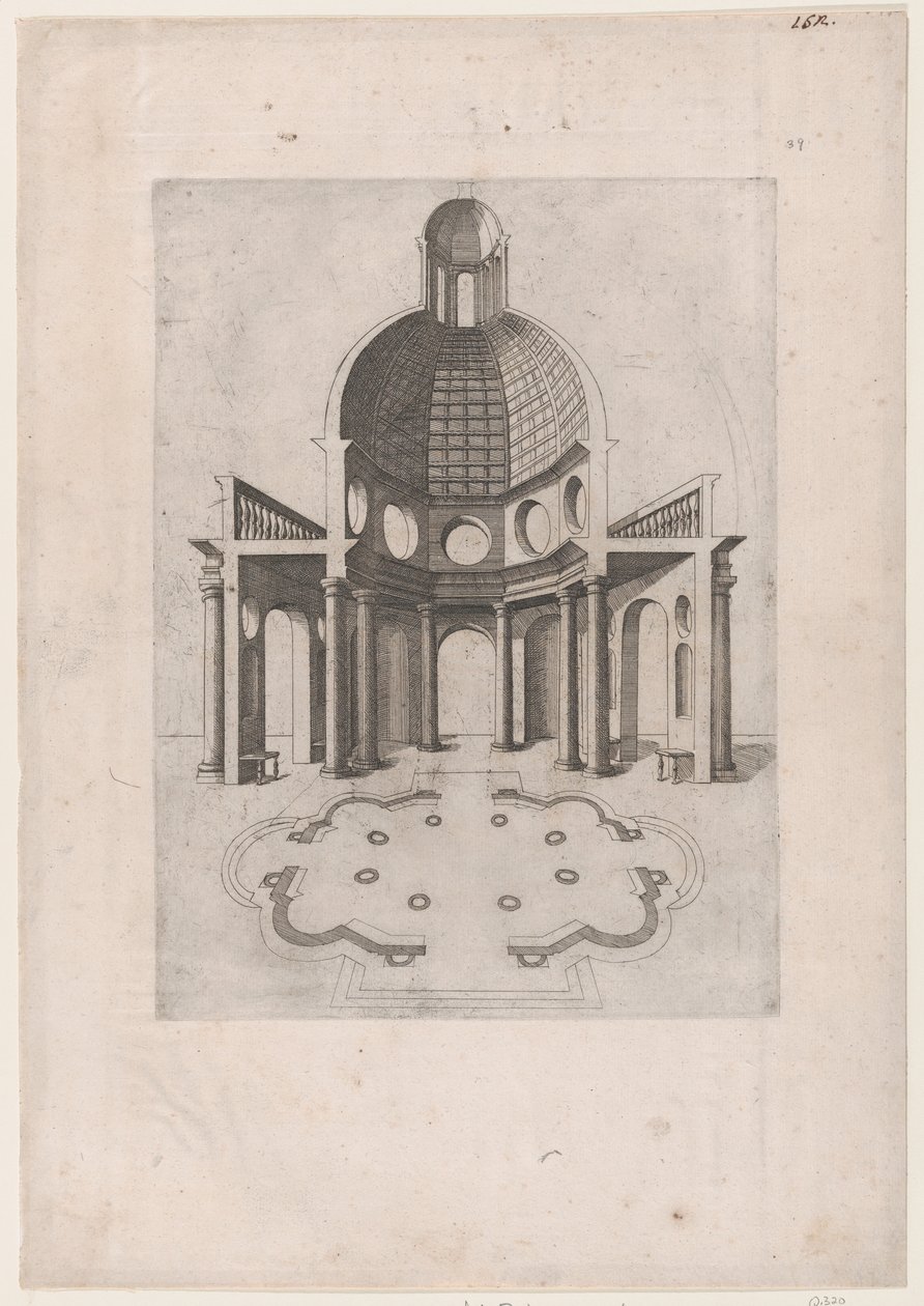 Speculum Romanae Magnificentiae: Interior and ground plan of an octagonal temple, 16th century by Unbekannt