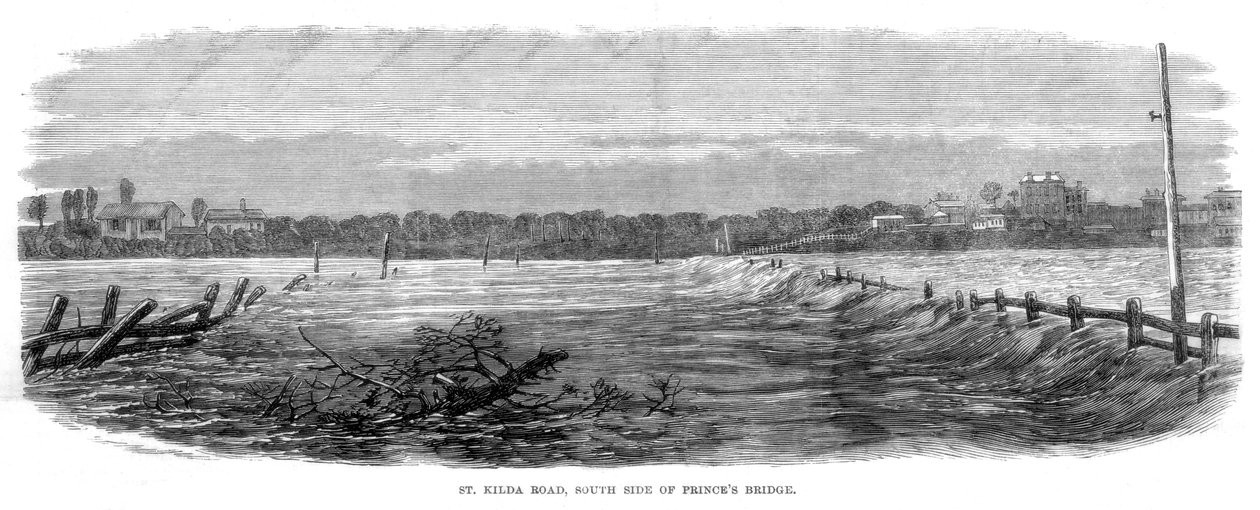 St Kilda Road, South Side of Princes Bridge - Floods at Melbourne, Australia, 1864 by Unbekannt