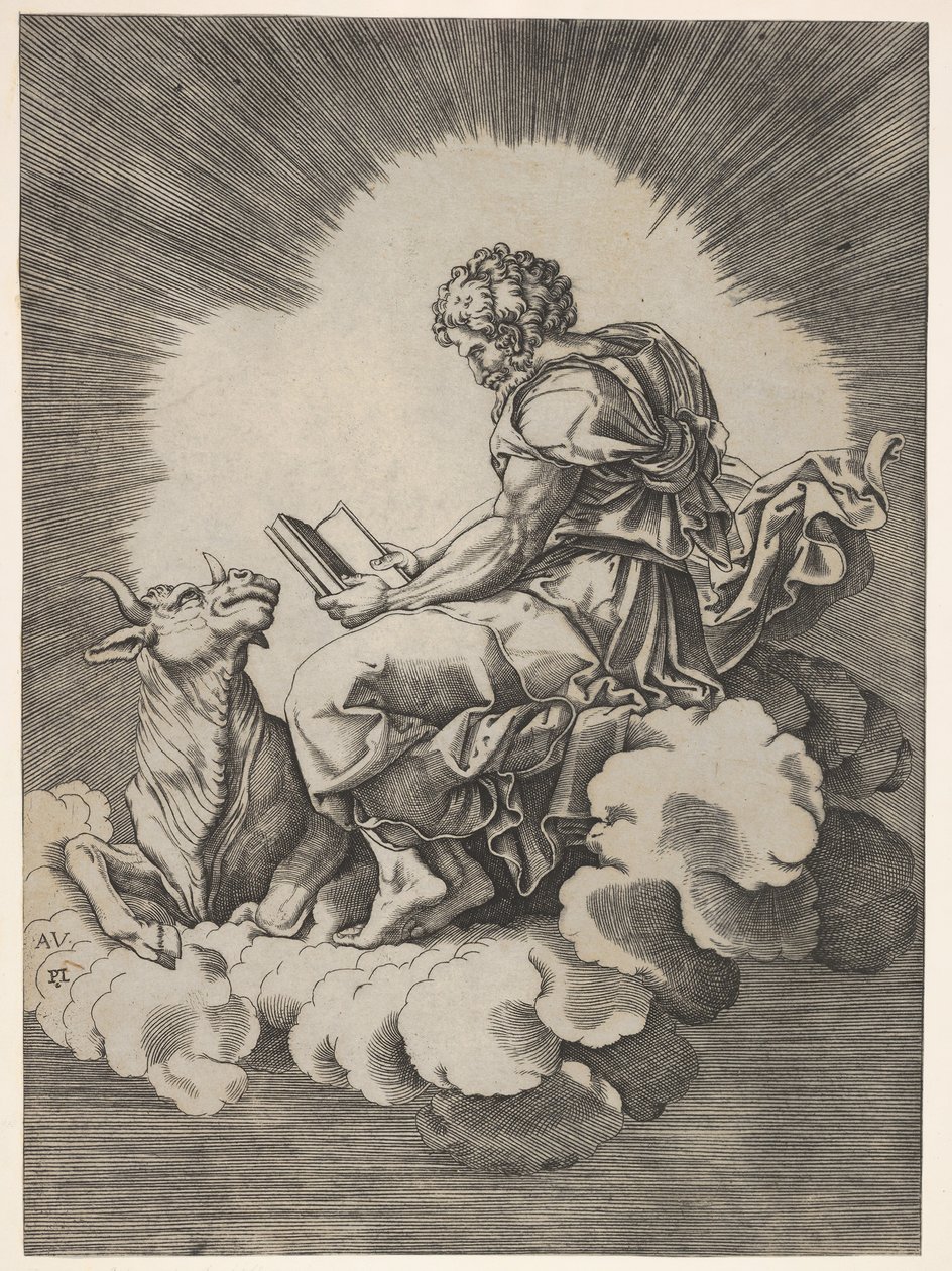 St. Luke, Seated on a Cloud with an Open Book in Both Hands, a Bull Lying at His Feet by Unbekannt