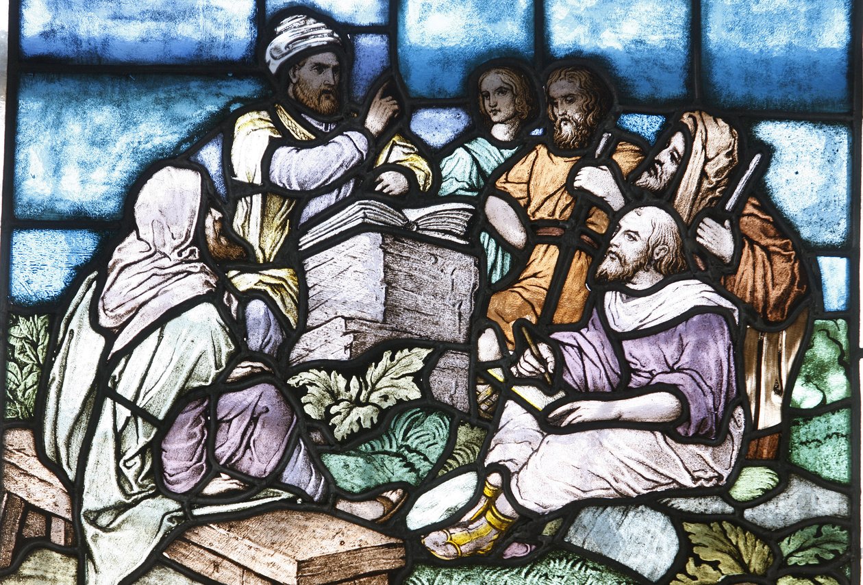 Stained Glass: Abraham Studying the Torah with the People of Israel, Budapest, Hungary by Unbekannt