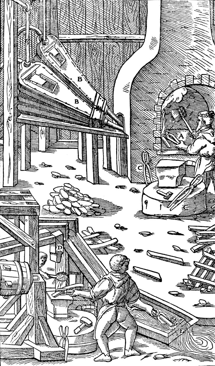 Steel production: a forge with bellows to produce draught by Unbekannt