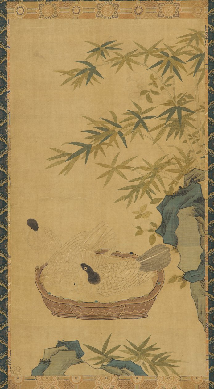 Tapestry: doves bathing in a bowl, rocks and bamboos, Possibly Ming dynasty, 1368-1644 by Unbekannt