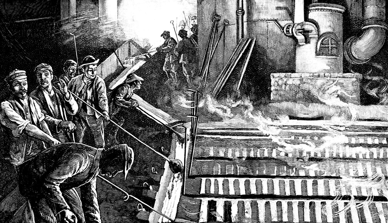 Tapping a blast furnace and casting iron into pigs by Unbekannt