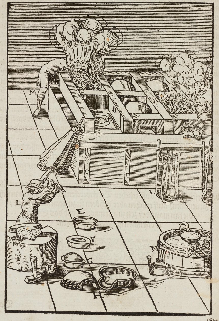 Technique and Instruments for Heating Silver Ore - Engraving from Description of Ores and Principal Mining Methods, by Lazarus Ecker by Unbekannt