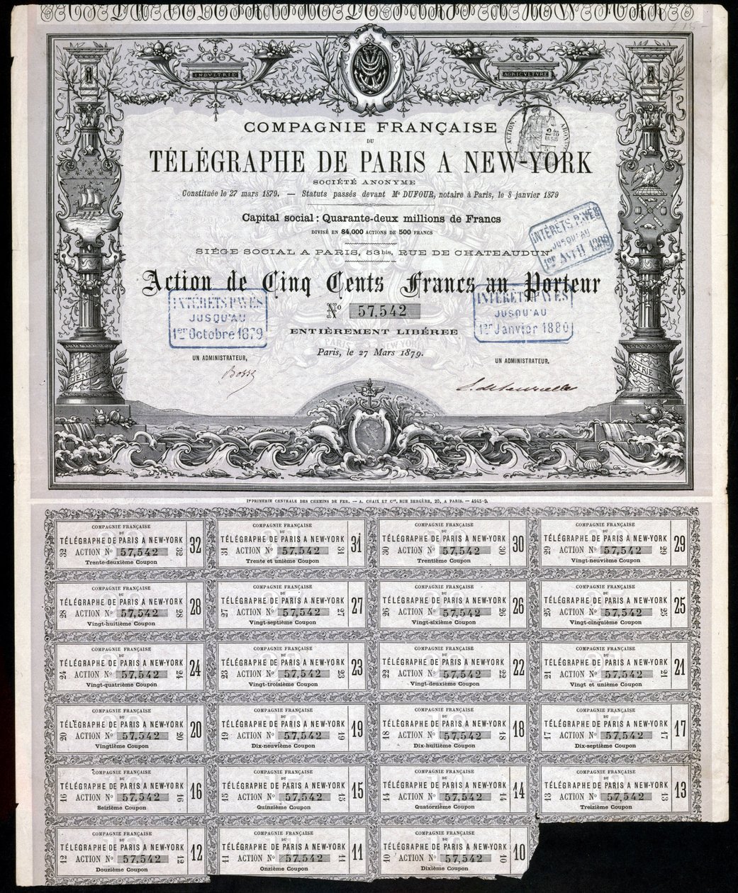 General Paris-New York Telegraph Share Certificate, 27 March 1879 by Unbekannt