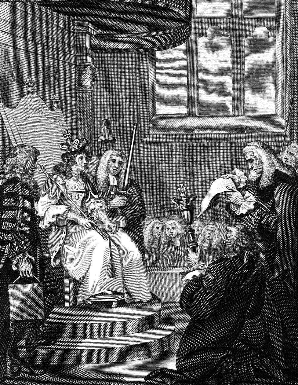 The Act of Union between England and Scotland being read before Queen Anne by Unbekannt