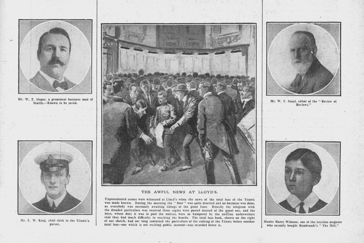 The Awful News at Lloyds, with Portraits of Some of Those on Board the Titanic, April 20, 1912 by Unbekannt