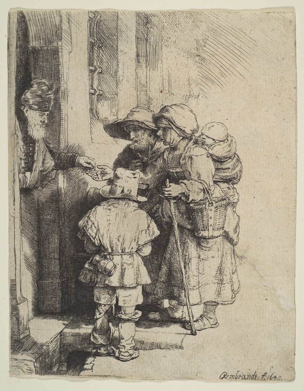 The Blind Hurdy-Gurdy Player and Family Receiving Alms by Unbekannt