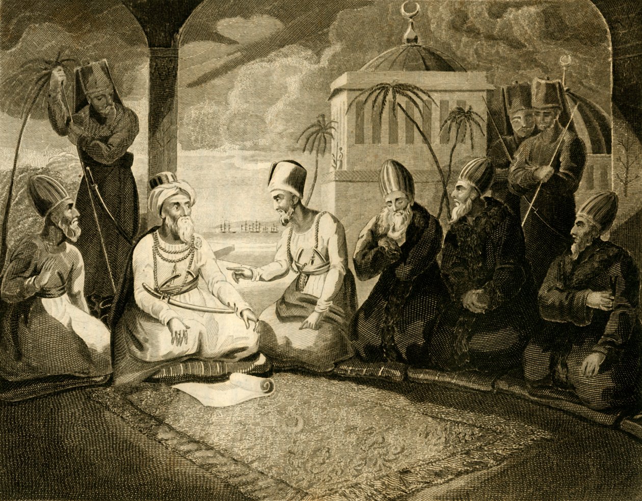 The Dey of Algiers consulting his council on the arrival of the English Fleet, 1816 by Unbekannt