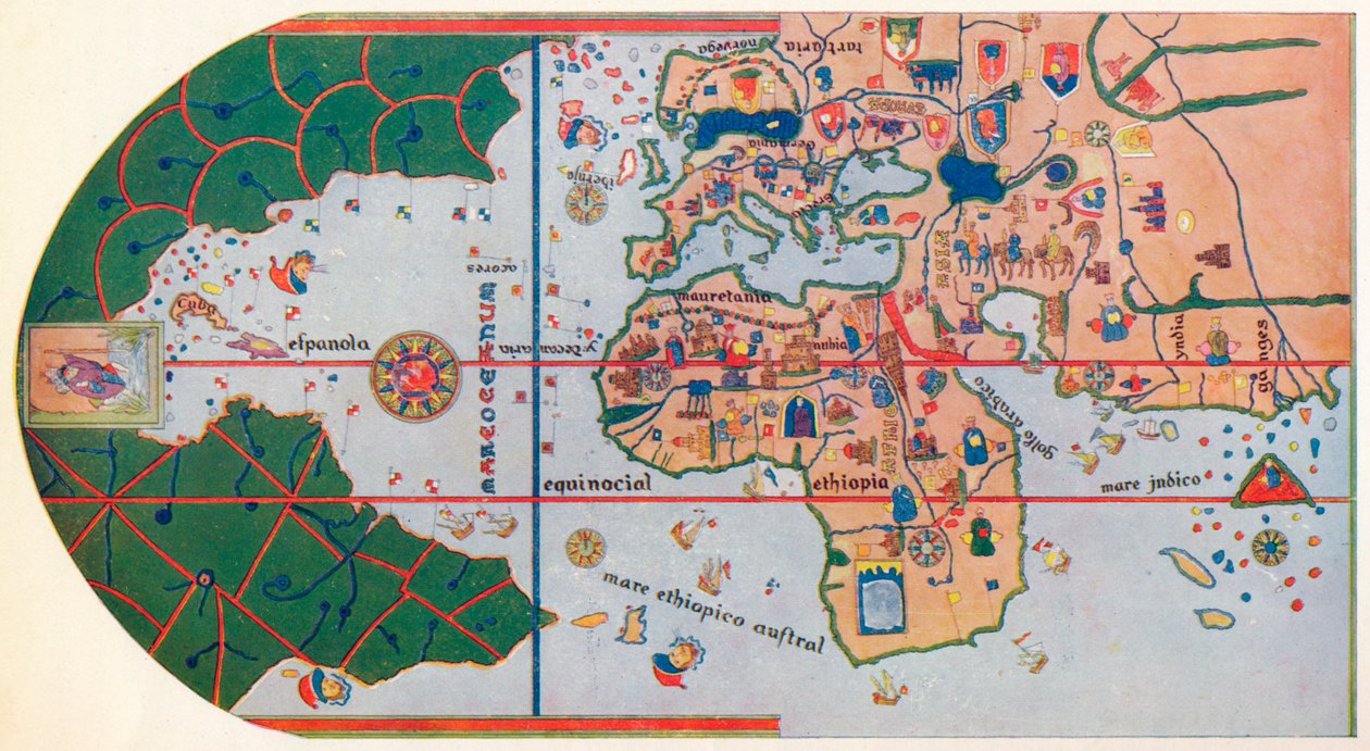 The First Map to Show America by Unbekannt: Fine art print