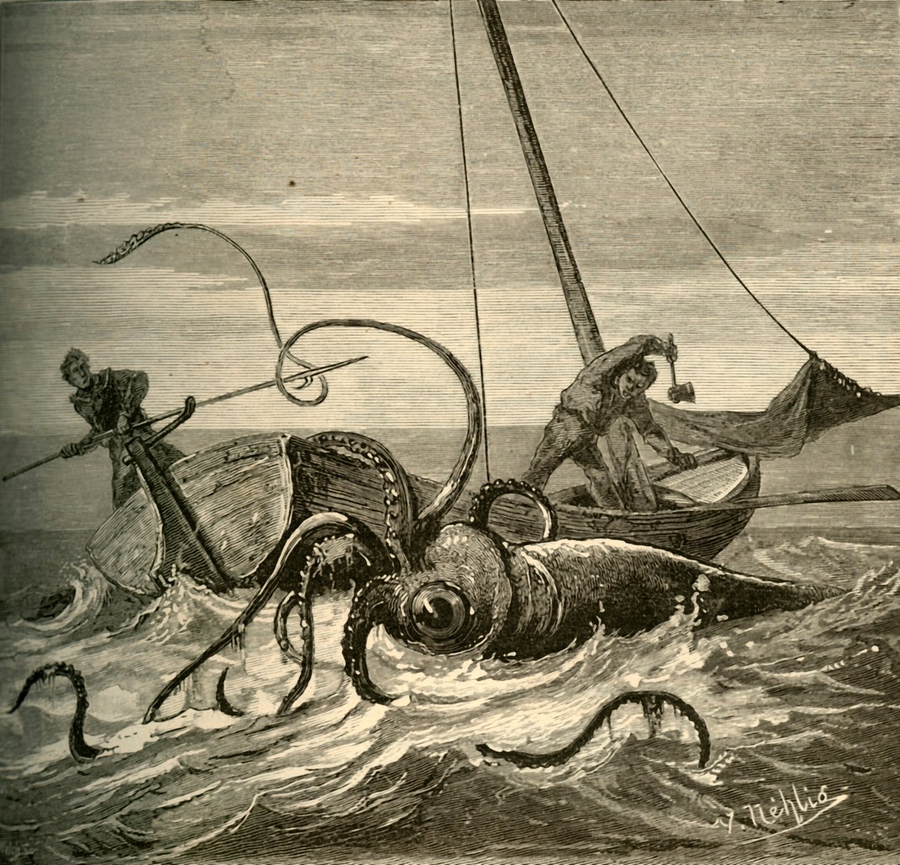 The Fishermen Battle with the Giant Squid, 1881 by Unbekannt
