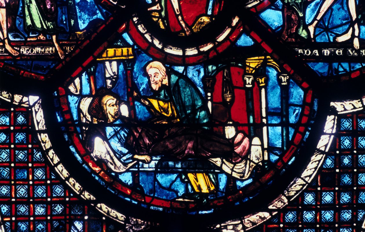 The Good Samaritan Cares for the Pilgrim, Stained Glass, Chartres Cathedral, France by Unbekannt