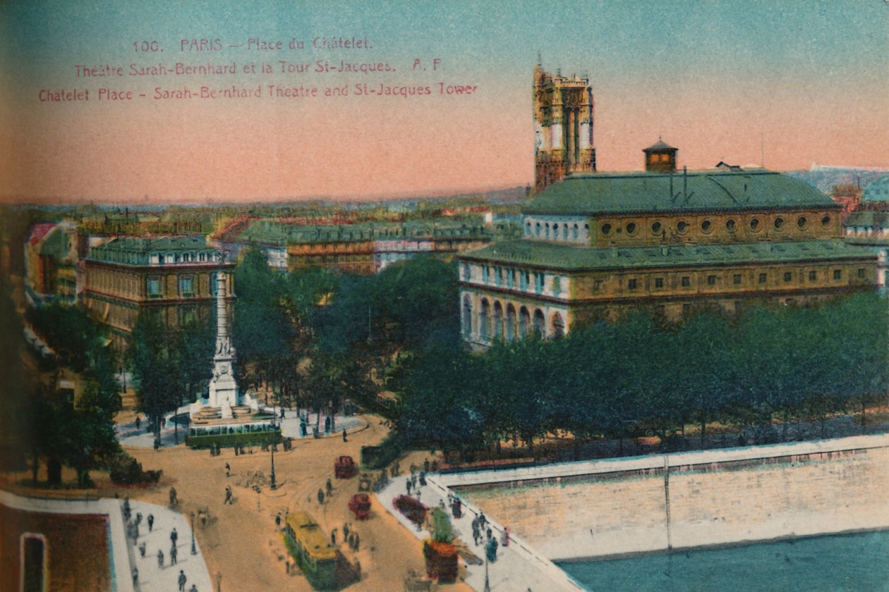 The Place du Châtelet - Théâtre Sarah-Bernhardt and the Tour Saint-Jacques by Unbekannt