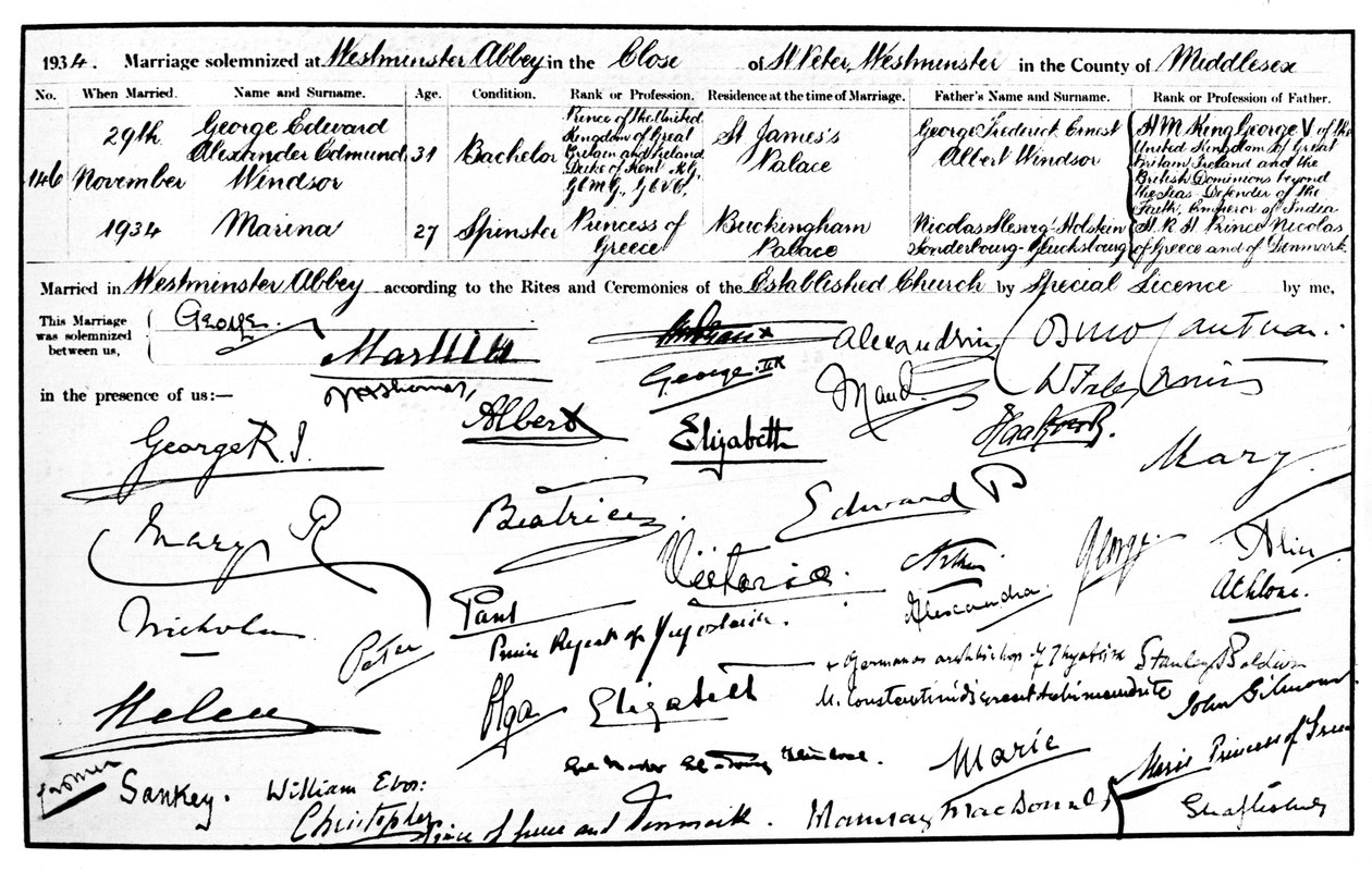 The marriage certificate of the Duke and Duchess of Kent by Unbekannt