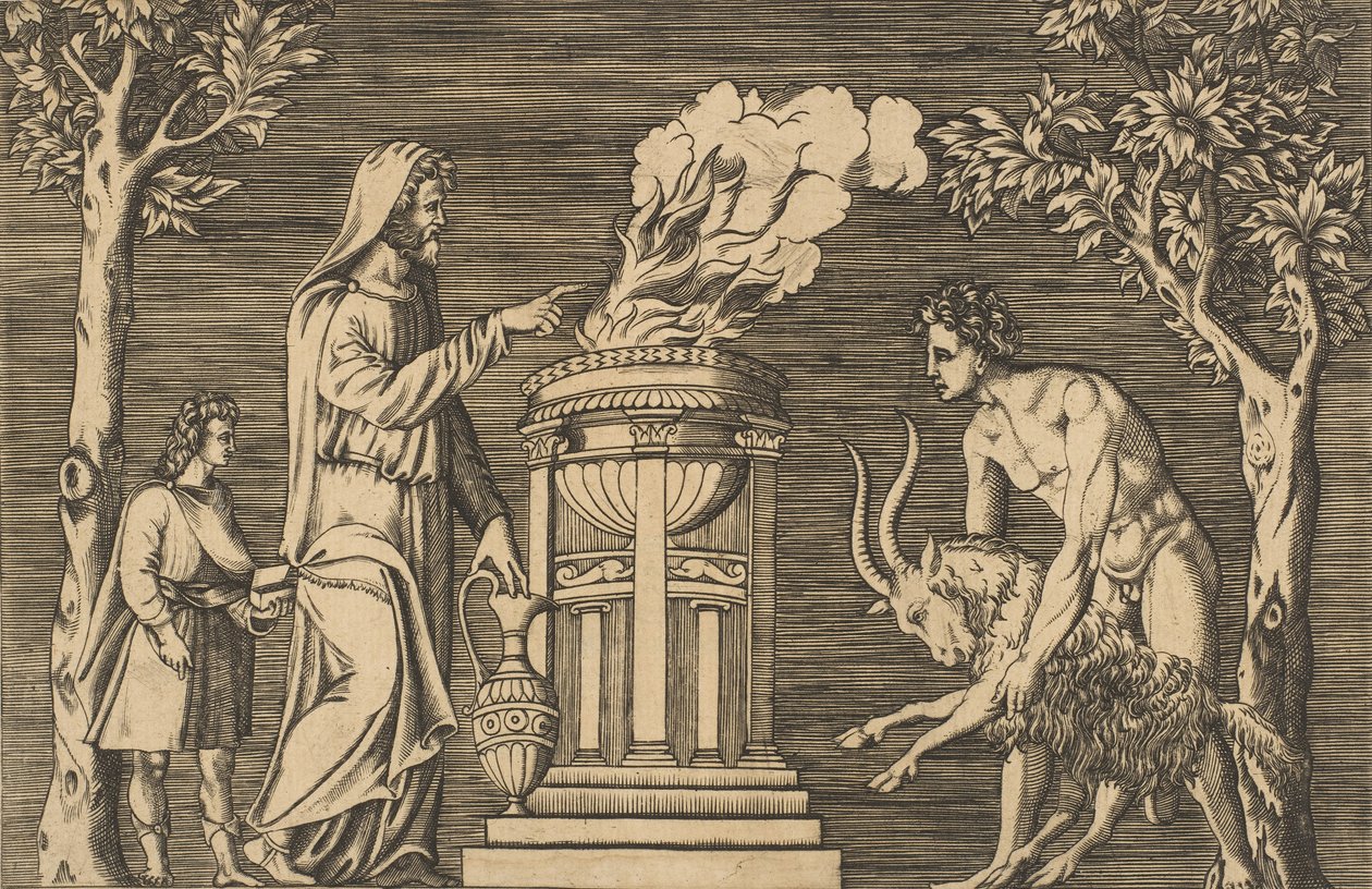 The Sacrifice of a Ram Held by a Naked Man at Right, Hooded Priest at Left by Unbekannt