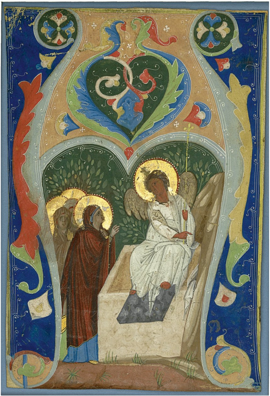 Three Maries and the Fiery Angel at the Tomb. Initial, ca 1310 by Unbekannt
