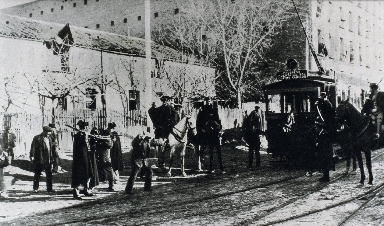 Tramway Strike in Madrid, the Civil Guard Charges at Strikers Who Try to Stop a Tramway, Published in the Magazine 