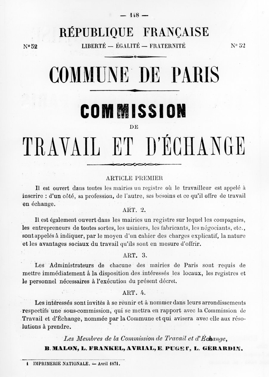 Travail et Echange, from French Political Posters of the Paris Commune, May 1871 by Unbekannt