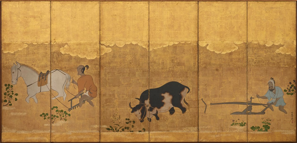 Two farmers ploughing and harrowing a rice field by Unbekannt