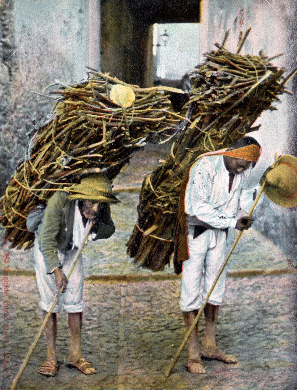 Two men carrying bundles of wood on their backs, Mexico by Unbekannt