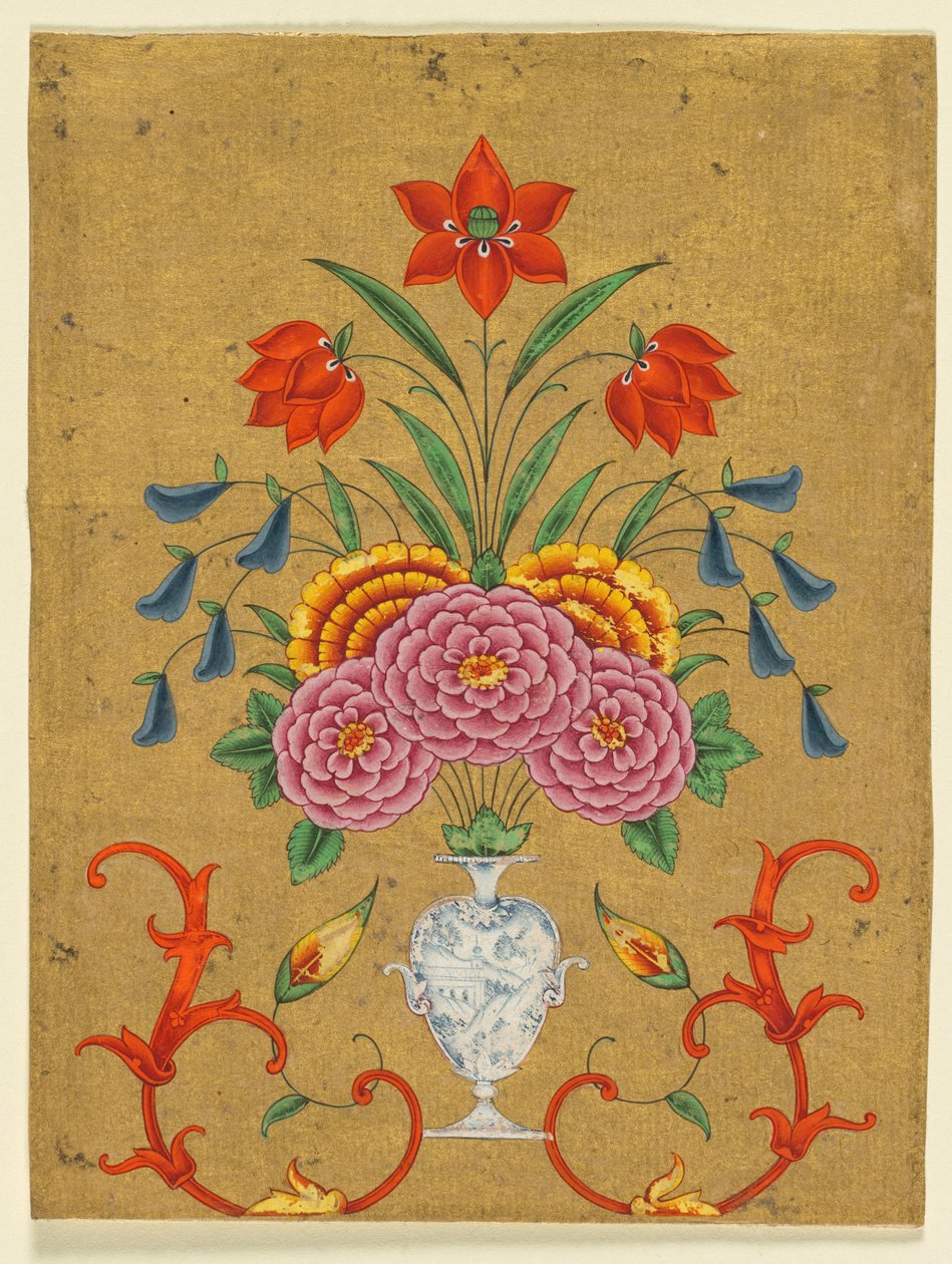 Vase with Flower Arrangement and Scrollwork by Unbekannt