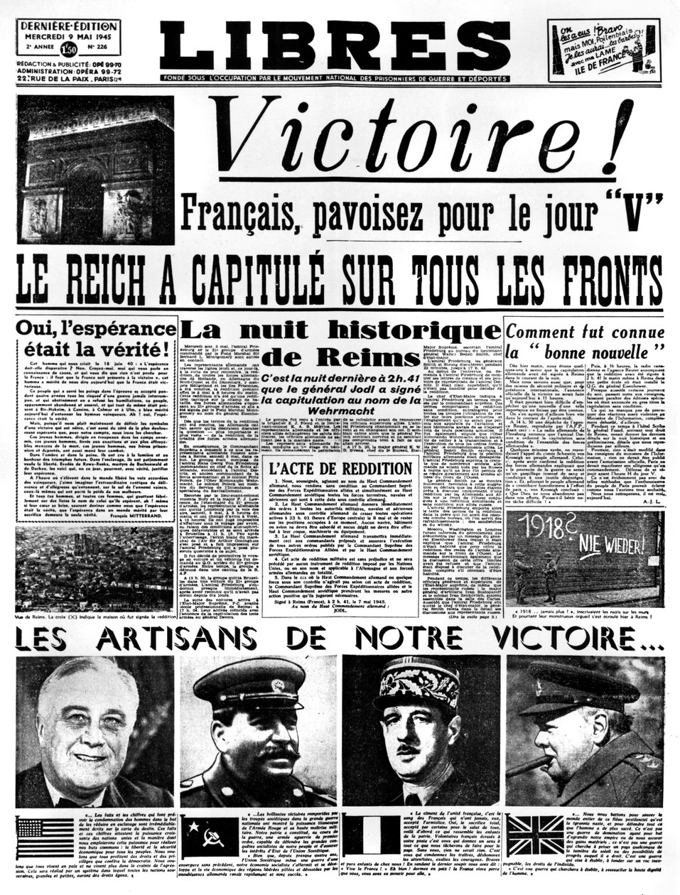 Victory!, front page of Libres newspaper, 9 May 1945 by Unbekannt
