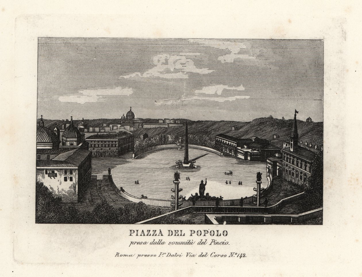 View of the Piazza del Popolo with an Egyptian obelisk of Rameses II from Heliopolis, from the summit of the Pincian Hill, Rome by Unbekannt